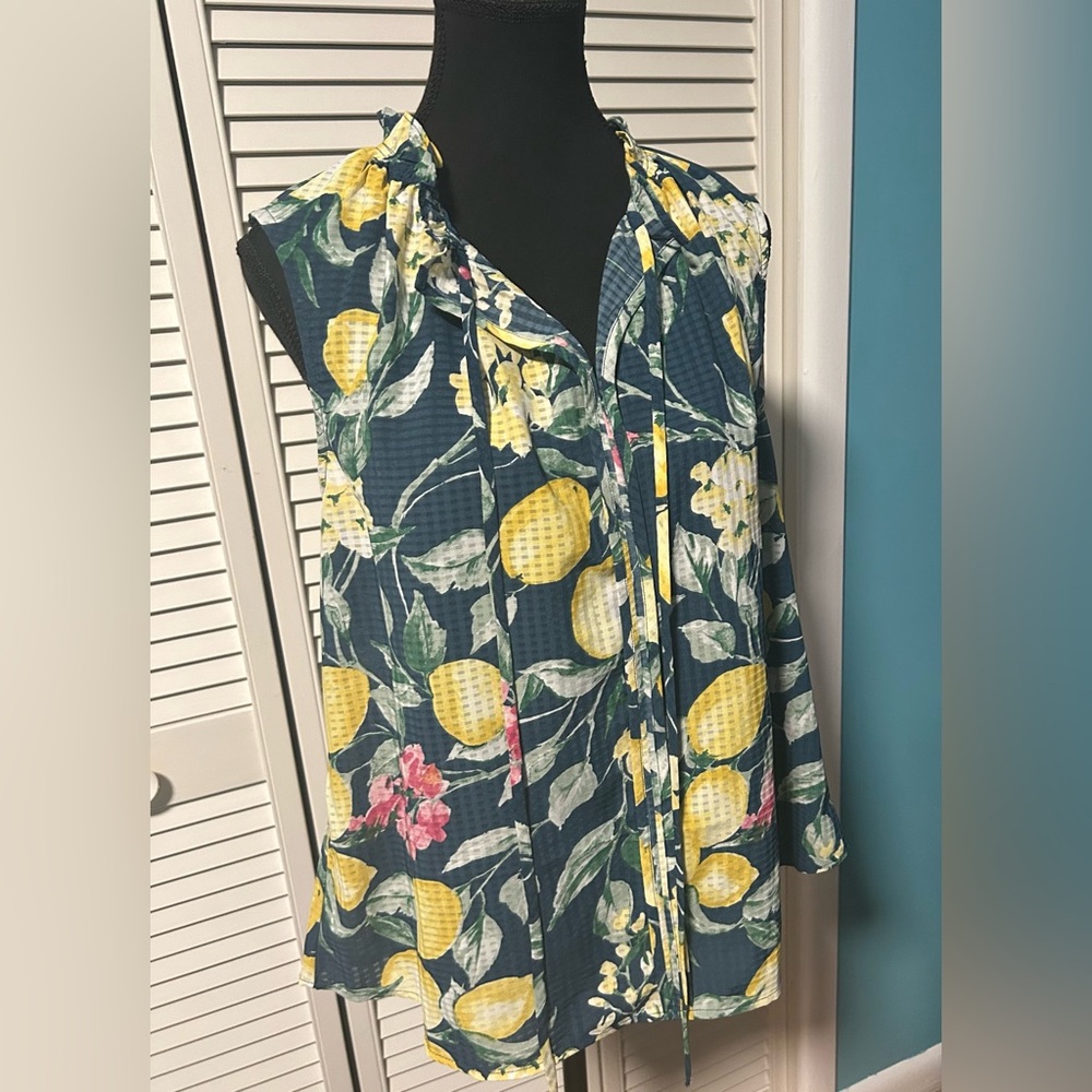 Bobeau Floral and Lemon Print Sleeveless Top with Ruffled Neck, Size Medium